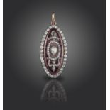 A George III diamond and enamel pendant, the central purple enamel lozenge applied with diamond-