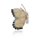 A gem-set gold butterfly brooch, the wings formed from carved white opal with sapphire and diamond