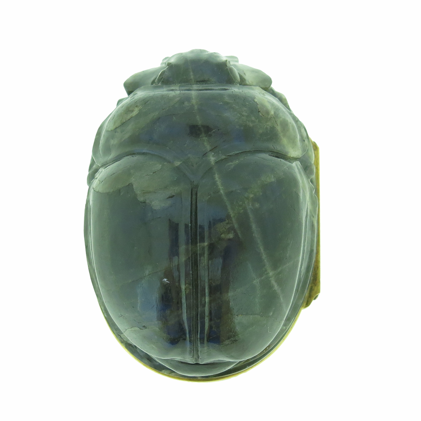 A mid 18th century carved labradorite scarab-form snuff box, the hinged blue glass cover decorated - Image 2 of 12