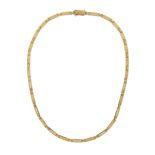 A diamond-set gold necklace, the gold bar links alternately-set with round brilliant-cut diamonds,