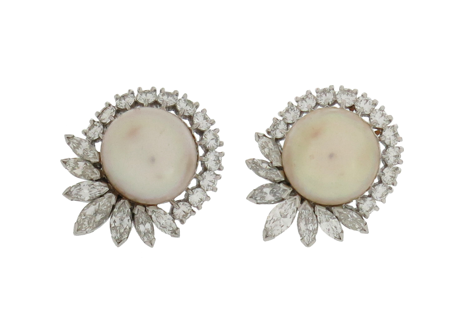A pair of natural pearl and diamond cluster earrings, the button-shaped pearls are set within a - Image 2 of 5