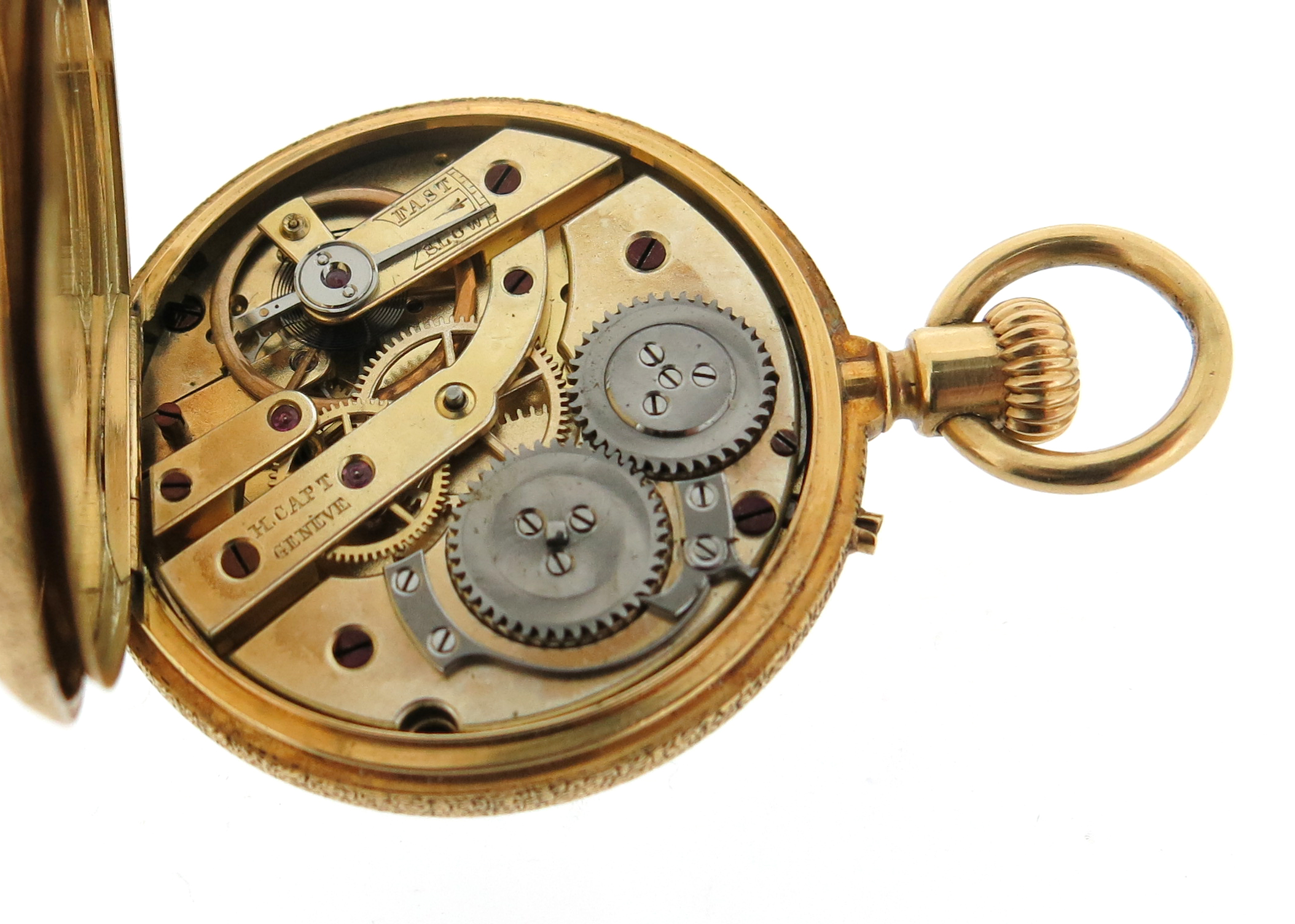 A gold open-faced fob watch, the white enamel dial with black Roman numerals, dial signed Henry Capt - Image 8 of 8