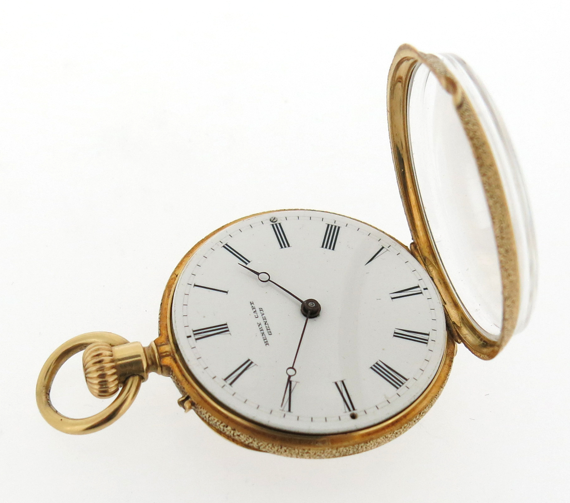 A gold open-faced fob watch, the white enamel dial with black Roman numerals, dial signed Henry Capt - Image 3 of 8