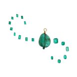 An emerald bead pendant, mounted in gold, 3.6g and sixteen loose emeralds weighing 3.43cts