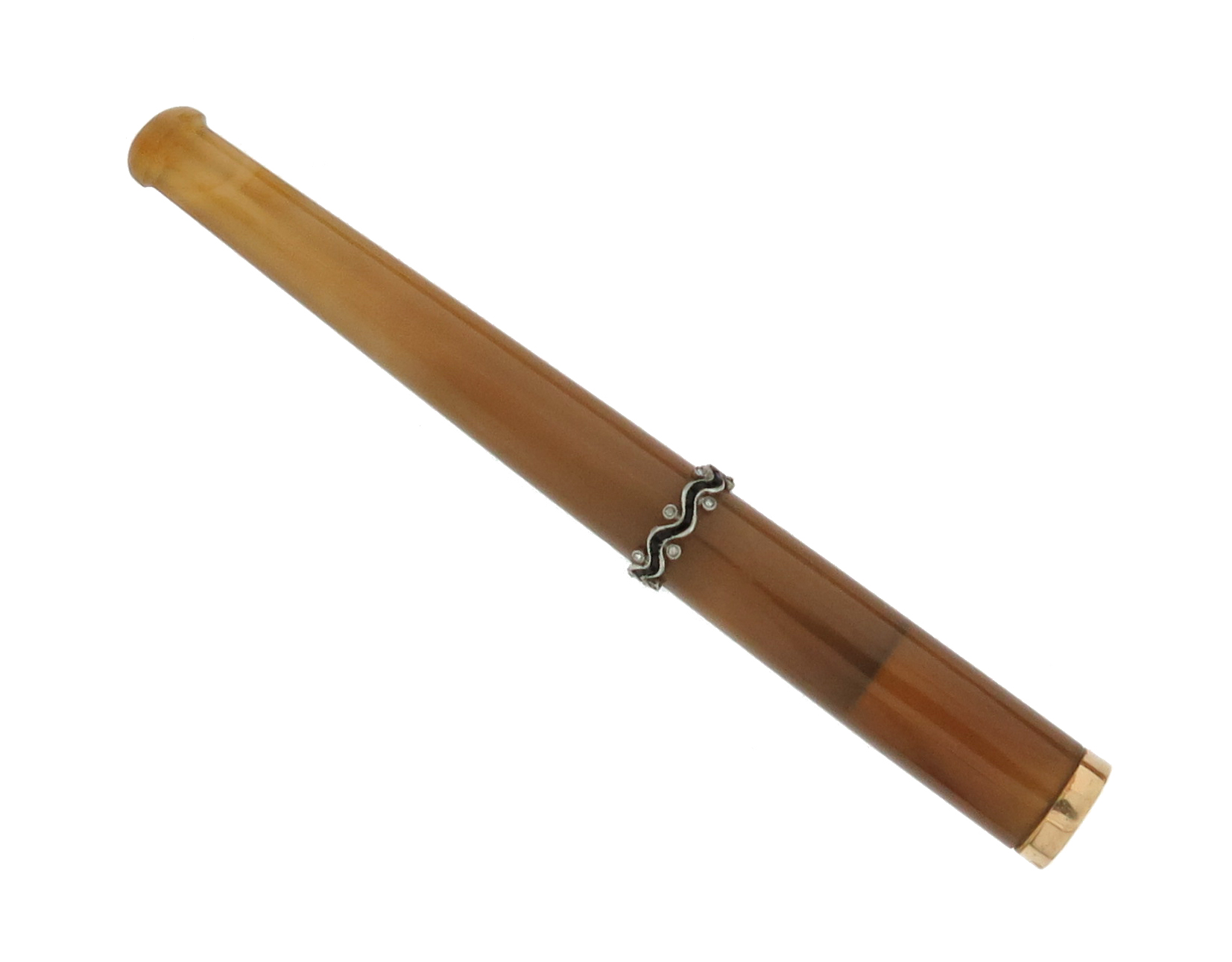 An agate cigarette holder, with gold mount and centre undulating circular section set with rose- - Image 3 of 6