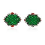 λ A pair of gem-set jade and gold brooches, the scroll carved jade plaques (damaged) are set