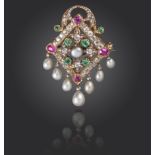 A mid 19th century gem-set lozenge brooch, set with a grey button pearl within a border of diamond