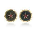 A pair of gem-set gold earrings, the bloodstones set with a ruby and diamond star in silver,