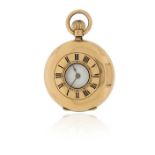 A lady's half hunter 18ct gold fob watch, stem wind with blue Roman numerals to case and black Roman