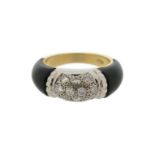 A black enamel and diamond half-hoop ring, set with circular-cut diamonds and black enamel borders