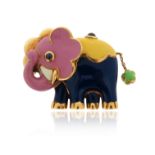 A gold and enamel elephant brooch, decorated with polychrome enamel and cabochon sapphires in yellow