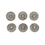 A set of six early 19th century white paste-set metal buttons, of circular flower head form, 3cm