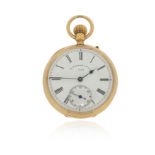 An 18ct gold pocket watch by Thos. Russell & Son, the signed white dial with subsidiary seconds