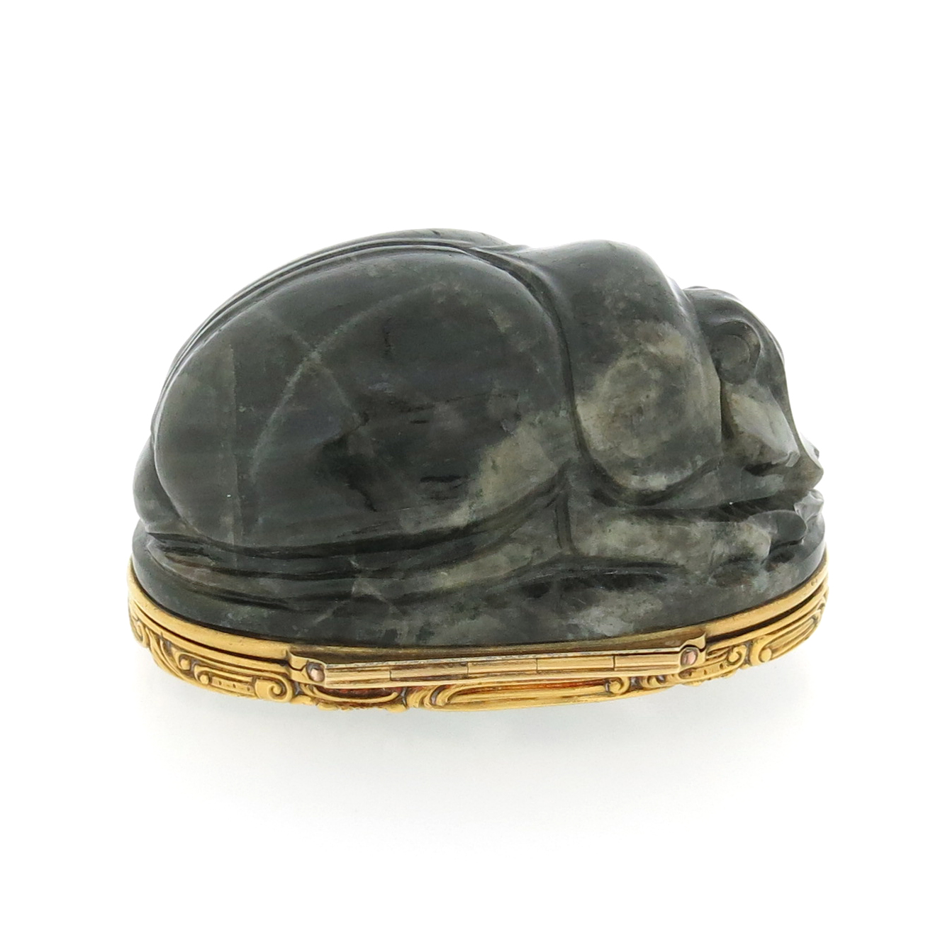 A mid 18th century carved labradorite scarab-form snuff box, the hinged blue glass cover decorated - Image 8 of 12