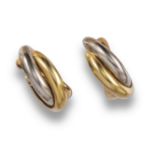 A pair of trinity three-colour gold hoop earrings by Cartier, signed, clip fittings, 2.5cm high