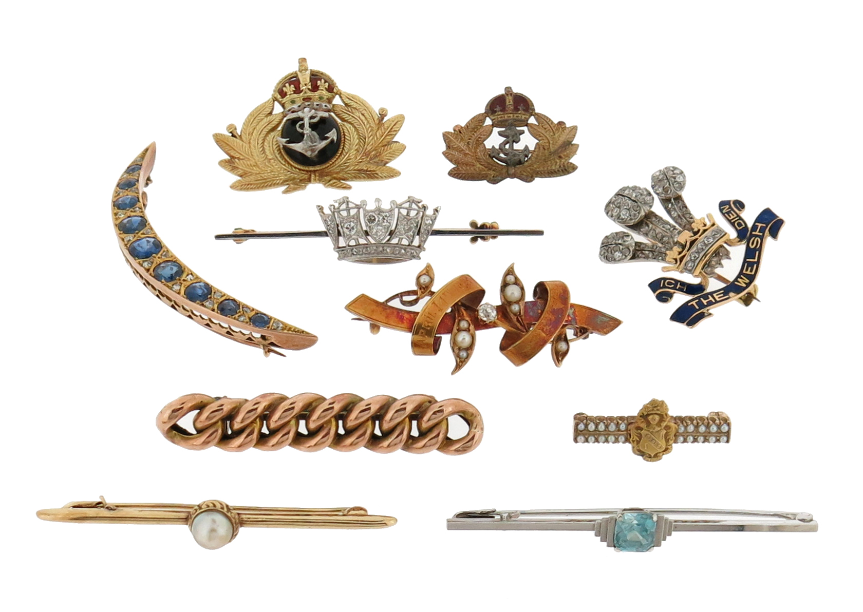 A collection of brooches, including a 19th century sapphire and diamond open crescent brooch; a 19th - Image 2 of 8