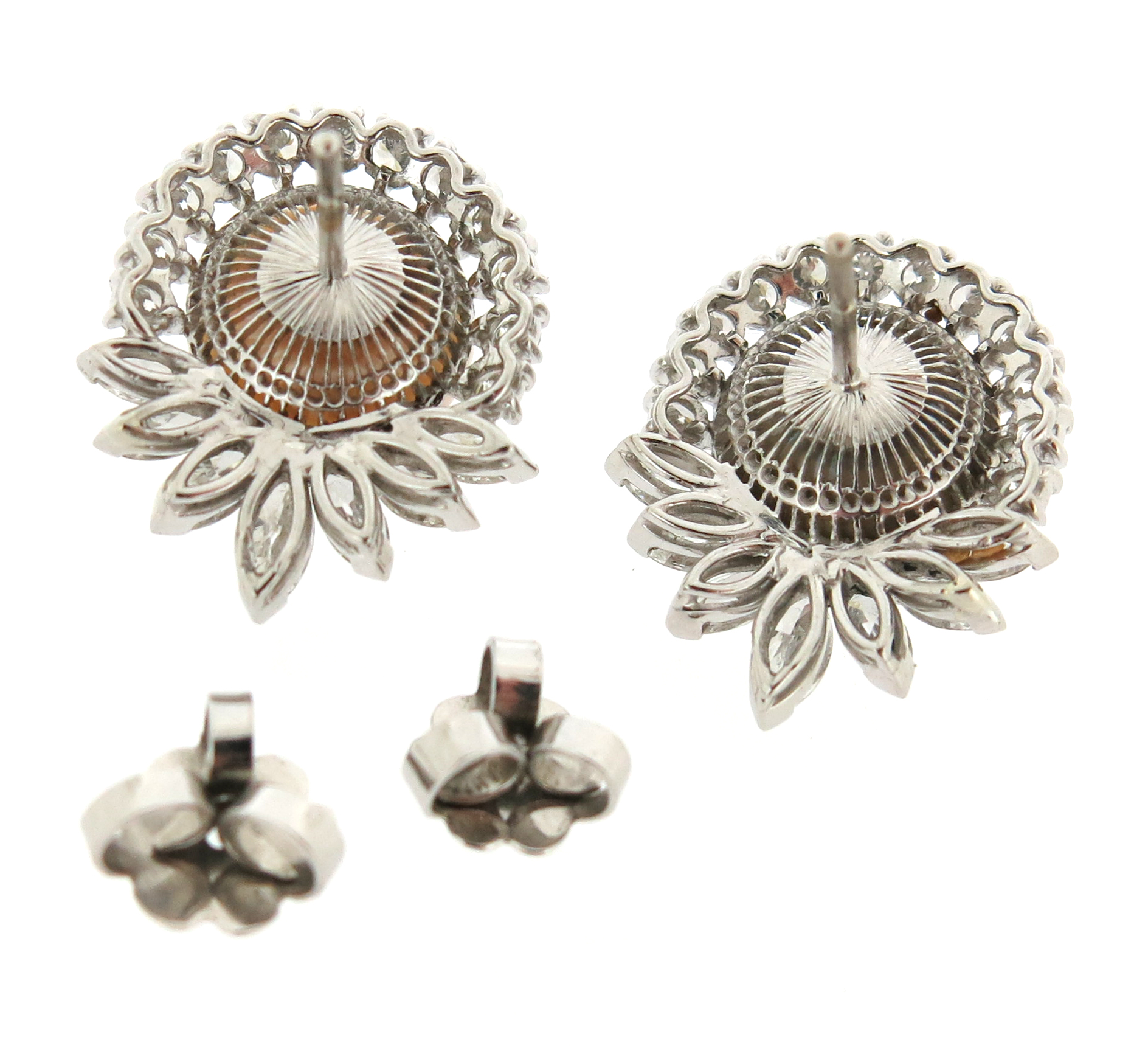 A pair of natural pearl and diamond cluster earrings, the button-shaped pearls are set within a - Image 4 of 5