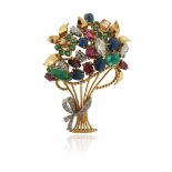 A gem-set giardinetto brooch, set with emeralds, rubies, sapphires and marquise-shaped diamonds in