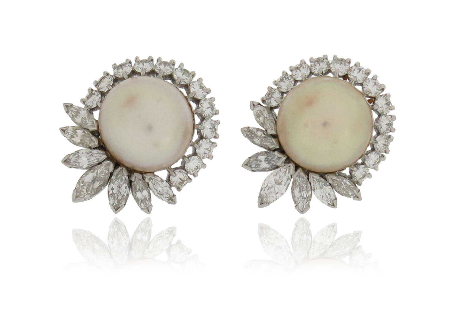 A pair of natural pearl and diamond cluster earrings, the button-shaped pearls are set within a - Image 3 of 5