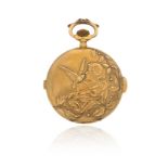 A yellow gold quarter repeating chronograph hunting-cased pocket watch, the hinged cover chased with