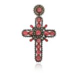 A 19th century Renaissance Revival cruciform pendant, set with foil-backed pink pastes and seed