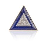 A diamond and lapis lazuli brooch pendant by Gerald Benney, the triangular brooch set with a central