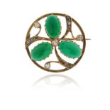 A chrysoprase and diamond circular brooch, set with cabochon chrysoprase in the form of a three-leaf