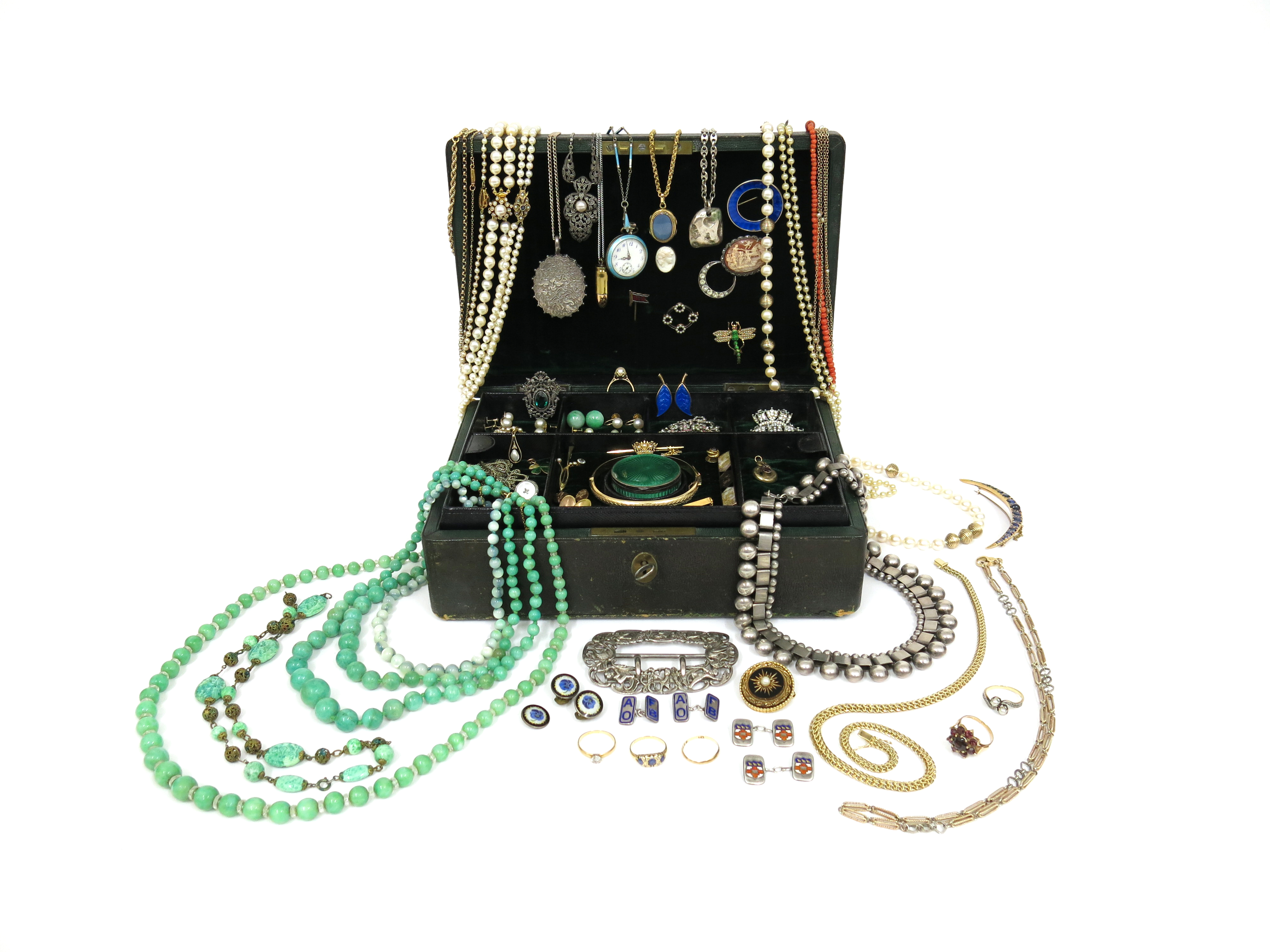 λ A jewellery box containing various items of jewellery, including an 18ct gold wedding band (1.1g), - Image 2 of 8