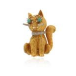 A gold cat brooch, the seated cat with engraved fur, wearing a diamond collar, turquoise eyes and