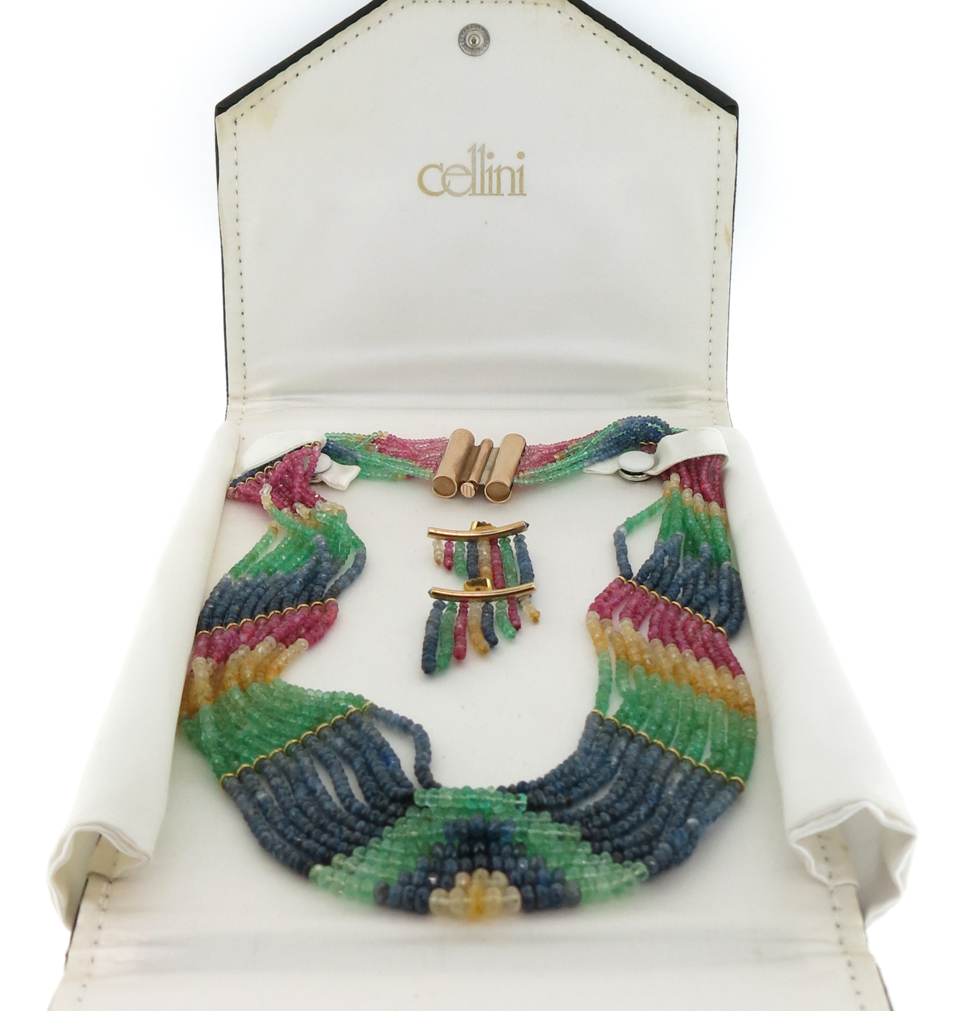 A faceted multi-gem bead necklace, set with rubies and multi-coloured sapphires, with a gold - Image 5 of 5