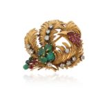 A French gem-set phoenix brooch, set with carved emeralds, rubies a sapphire and diamonds in