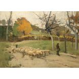 Harry Ives Thompson (American 1840-1906) A shepherd and his flock on the road Signed Oil on canvas