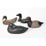 A carved wood Canvasback duck decoy by AW, possibly dated 1932, painted in colours, with applied