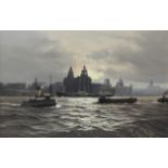 ‡ Gordon Ellis (1921-1979) A view of the Pier Head, Liverpool, with the Royal Liver Building, the