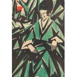 Otto Lange (German 1879-1944) Dame in Grün Signed in pencil to margin Coloured woodcut 35.7 x 24.1cm