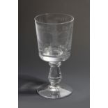 A diamond-point engraved commemorative glass goblet, engraved with a Woolland House stables and