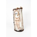 An Aboriginal bark container Australia cylindrical with gum and fibre, painted with natural pigments