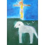 ‡ Craigie Aitchison CBE, RSA, RA (Scottish 1926-2009) Dog Below Crucifix Oil on canvas 12.6 x 10cm