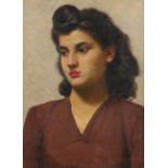 M. Naumenko (20th Century) Portrait of a young lady, bust length, in a maroon blouse Signed, dated