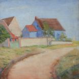 French School 20th Century Rural landscape with houses and a waterpump by a road Oil on canvas 55.