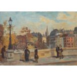 ‡ Kenneth Rowntree (1915-1997) Parisian scene with figures on a bridge Signed and dated '37 Oil on
