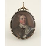 λAfter Robert Walker Portrait miniature of Oliver Cromwell, wearing armour Oval in a white metal