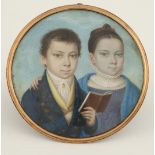 λPeter Mayr (German 1758-1836) Portrait miniature of a brother and sister, the former holding a book