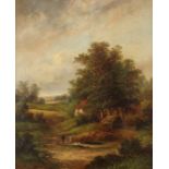 English School 19th Century Landscape with figures by a pond, a cottage beyond Indistinctly signed