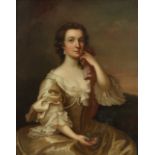 Follower of Joseph Highmore Portrait of a lady, wearing a cream dress with a red shawl, and a