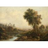 English School Early 19th Century River landscape with figures on the bank Oil on canvas 45.5 x 60.