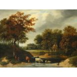 English School Early 19th Century Landscape with cattle watering Oil on panel 54.3 x 68.5cm; 21Ό x