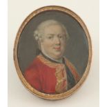 λEnglish School Late 18th Century Portrait miniature of a gentleman, in a red coat and black stock