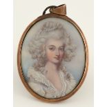 λFollower of Richard Cosway Portrait miniature of a lady, wearing a white dress, with pearls in