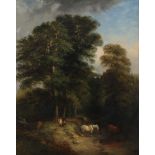 English School 19th Century Wooded landscape with figures on a path and horses watering Signed and